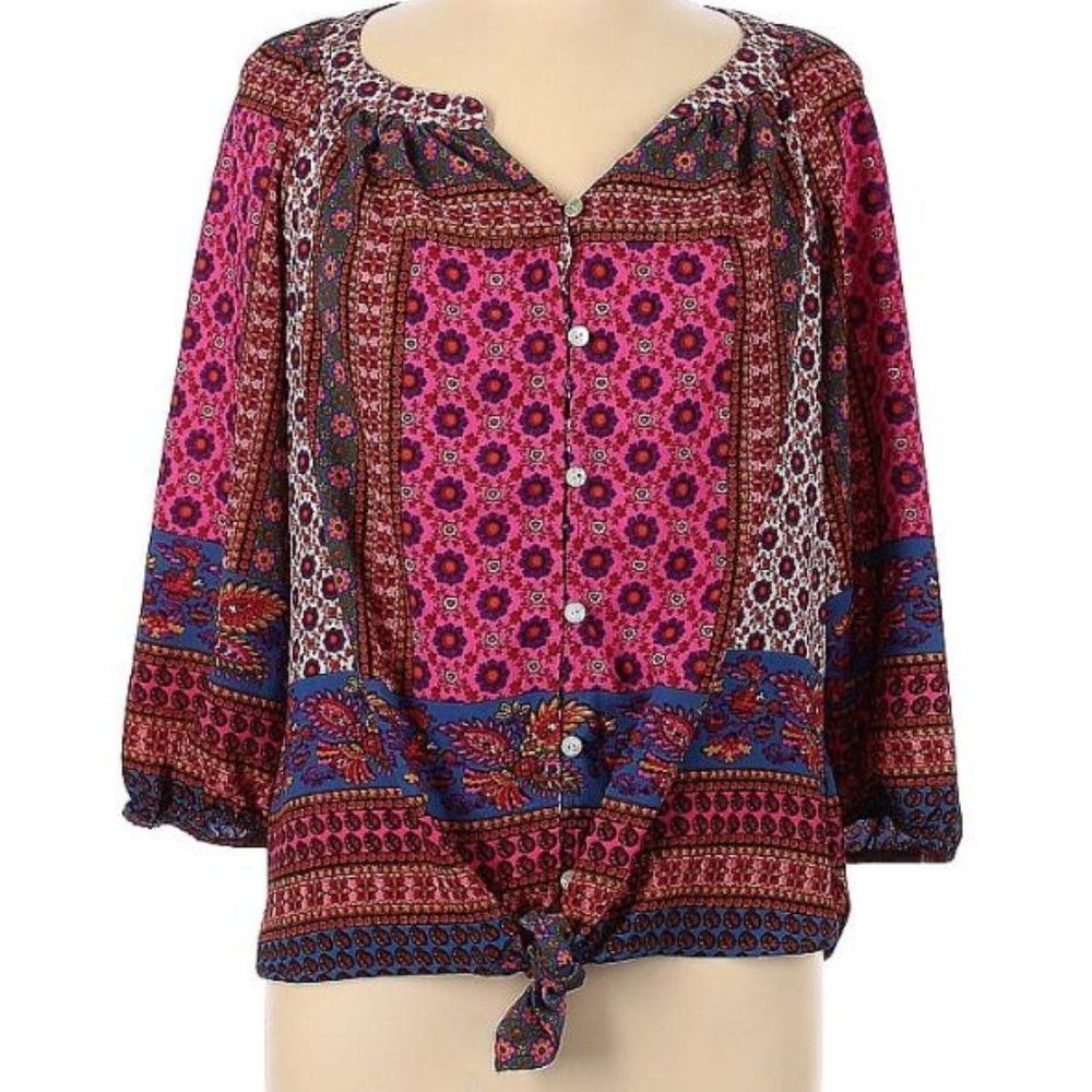 Anthropologie Figueroa & Flower 3/4 Sleeve Mixed Print Peasant Top Blouse Size M